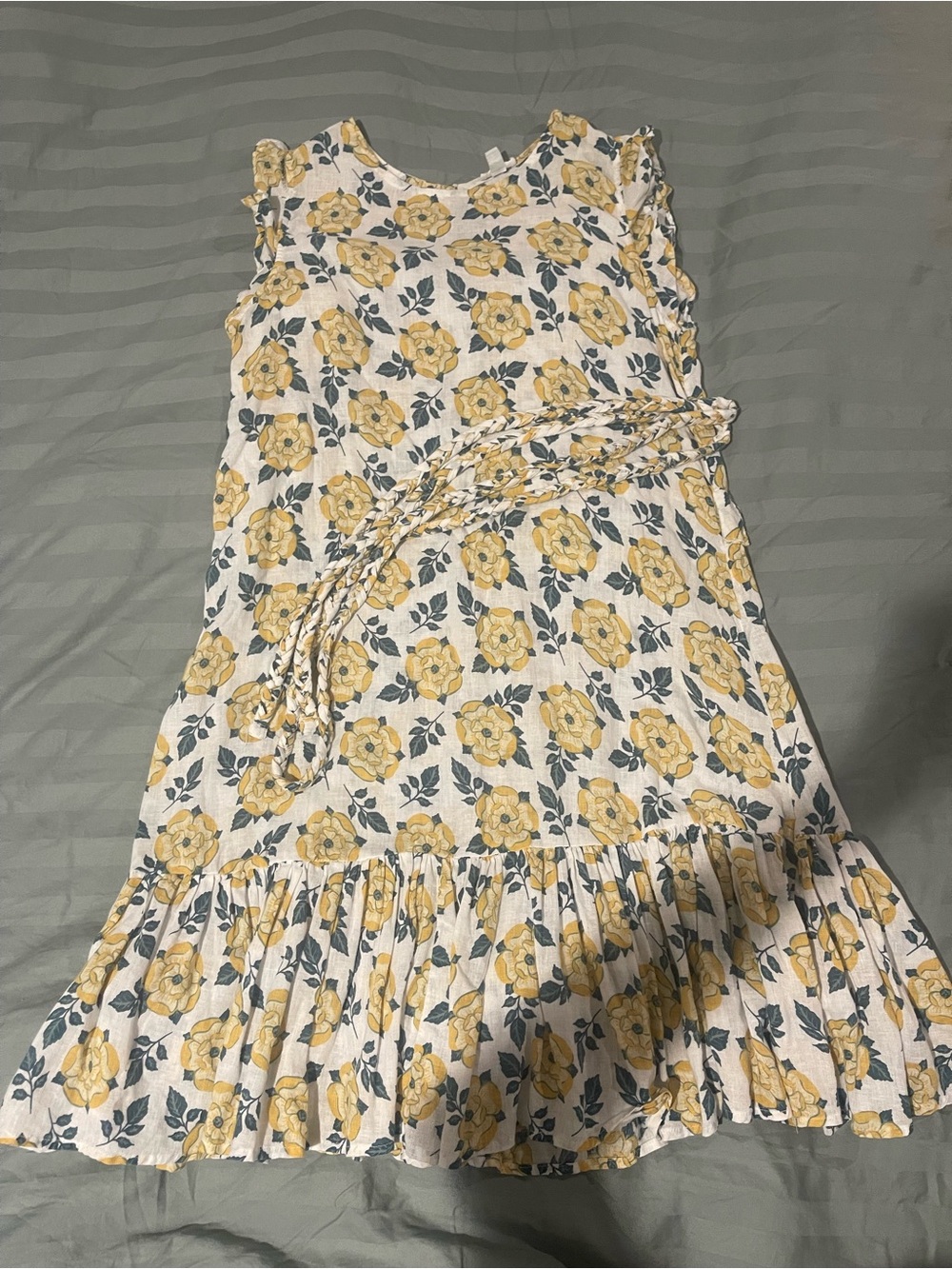 dip Yellow and White Floral Midi Dress with Braided Tie